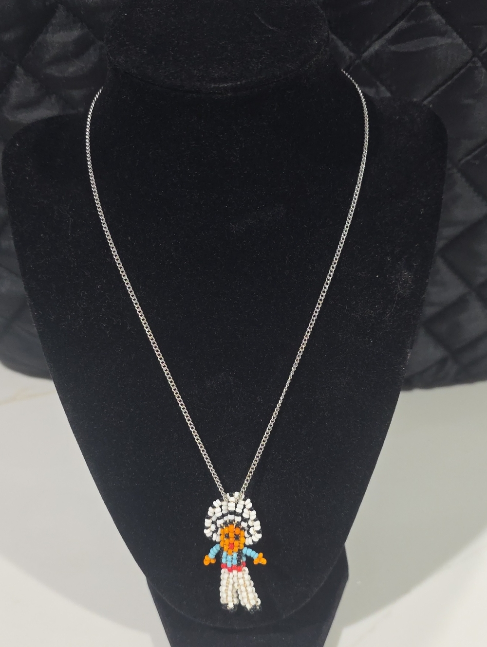 Handcrafted Beaded Native-Inspired Pendant Necklace - White/Orange/Blue